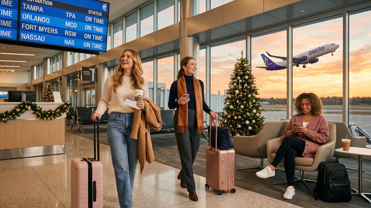 An Avelo Airlines jet departing from a quiet secondary airport, successfully shielding passengers from severe travel chaos and flight cancellations