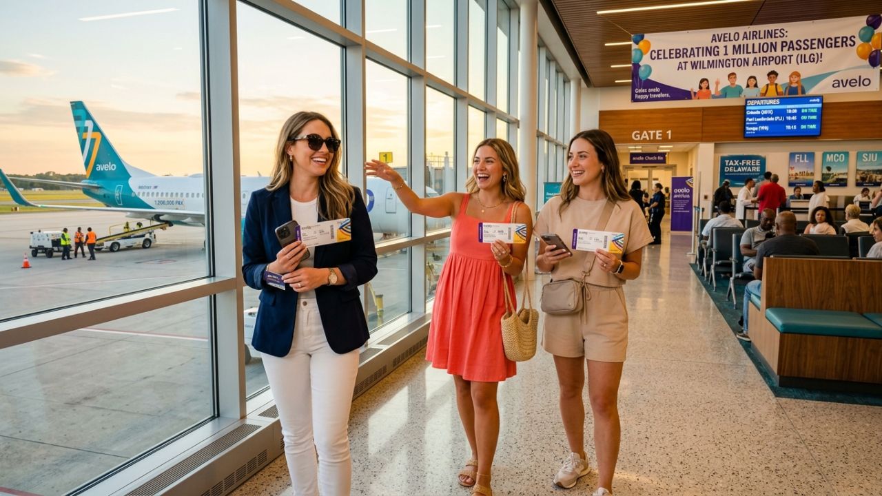 A highly dynamic scene at Wilmington Airport showing an Avelo Airlines Boeing 737 arriving from Orlando as desperate Delaware passengers bypass massive regional travel chaos and major hub disruptions