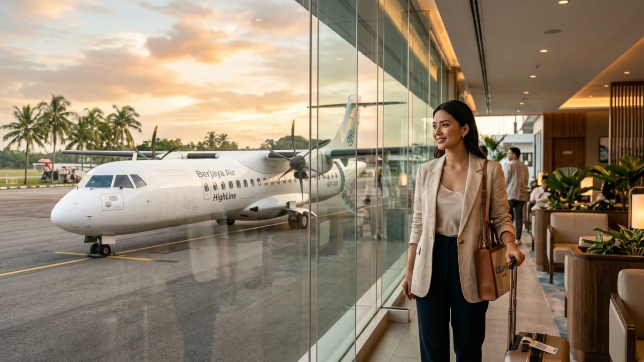 The gleaming Berjaya Air ATR 72-600 HighLine All-Business Class turboprop parked on the sunny apron at Subang Airport in Malaysia