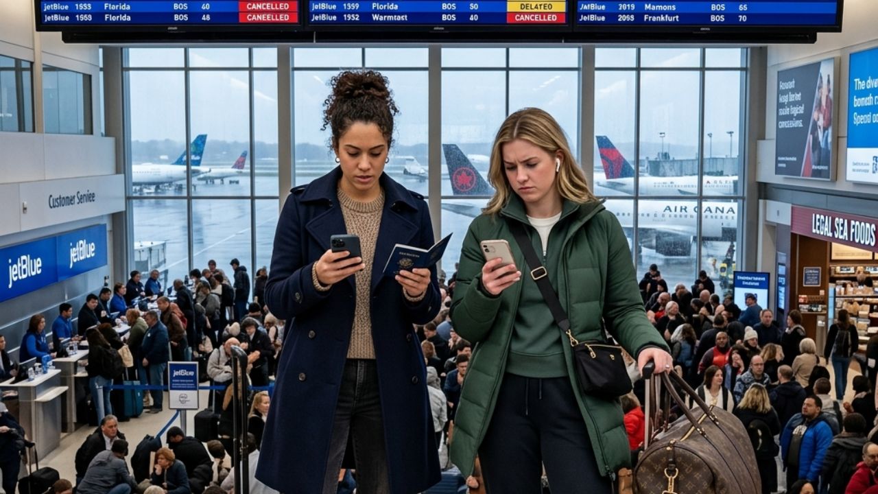 A highly chaotic scene inside Boston Logan International Airport showing massive crowds of stranded passengers attempting to rebook flights following severe terminal gridlock and cancellations