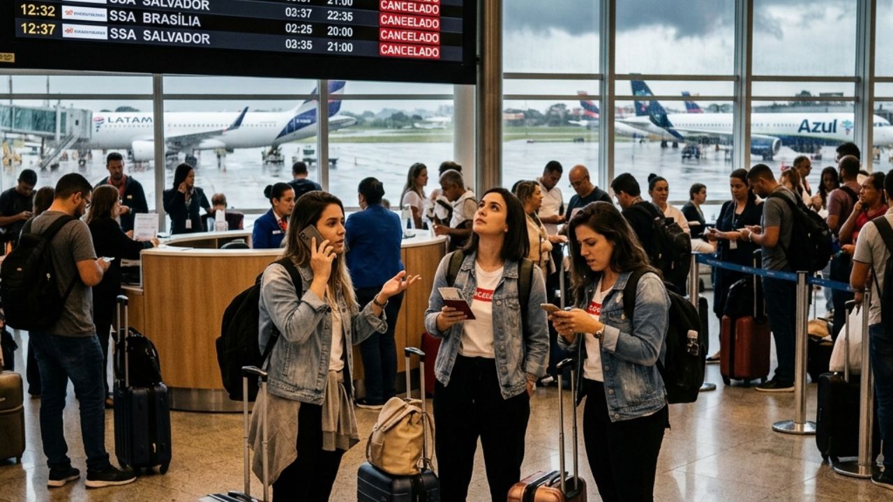 A highly chaotic scene inside São Paulo-Guarulhos International Airport showing thousands of stranded travelers staring at a massive departure board filled with red cancellation notices