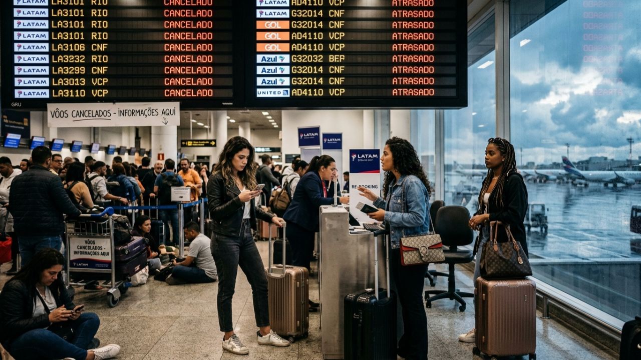 A busy departures board inside a Brazilian airport terminal displaying flight cancellations and delay warnings in 2026