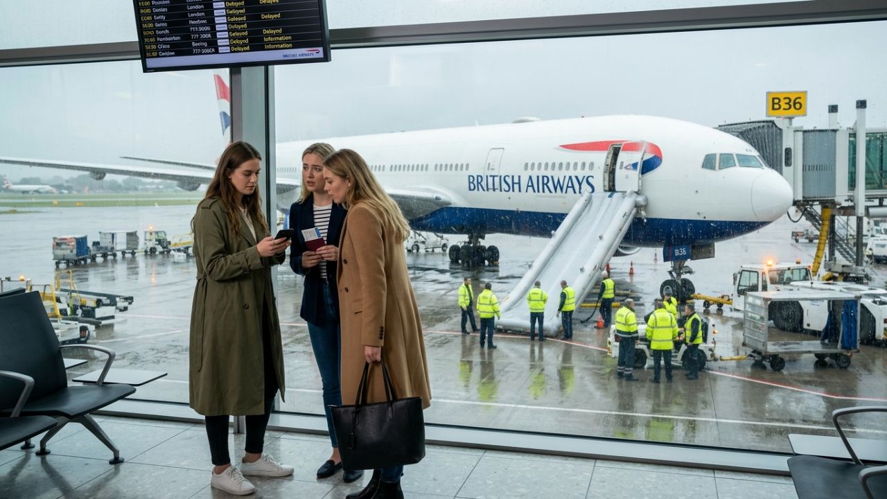 A British Airways Boeing 777 parked at London Heathrow Terminal 5 with ground crew vehicles representing aviation updates