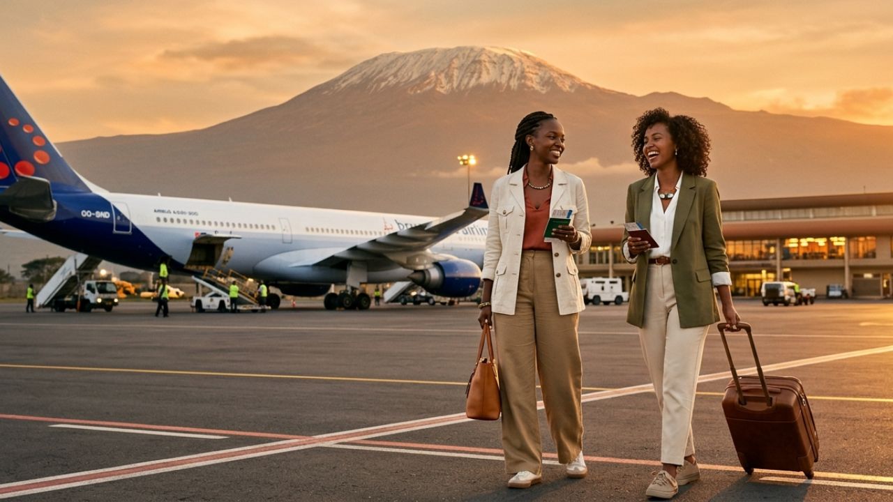A Brussels Airlines Airbus A330-300 aircraft landing at Kilimanjaro International Airport in Tanzania, completely bypassing the massive airport disruptions occurring at traditional transit hubs.