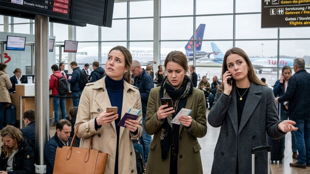A highly chaotic scene inside Brussels Airport showing hundreds of stranded passengers waiting beneath a massive digital departure board displaying severe flight delays