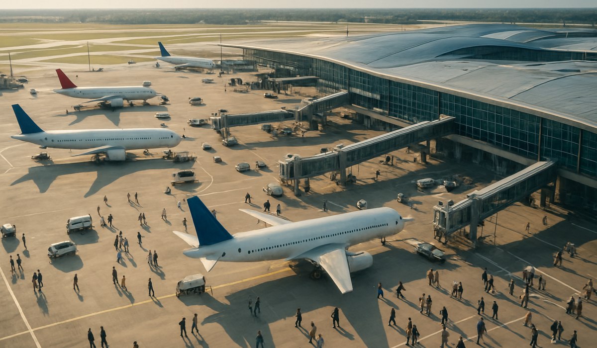 Aerial view of major US international airport terminals handling peak passenger traffic, 2026