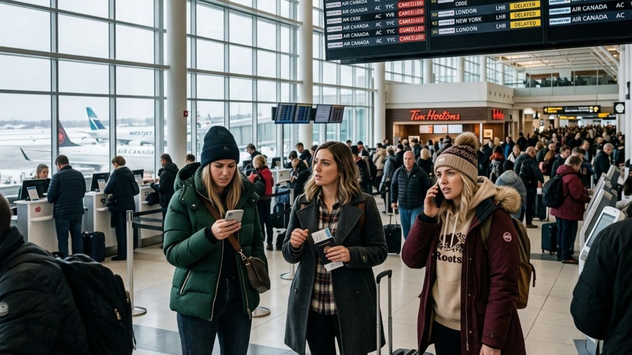 A highly chaotic scene inside Toronto Pearson International Airport showing thousands of stranded travelers staring at a massive departure board filled with red cancellation notices
