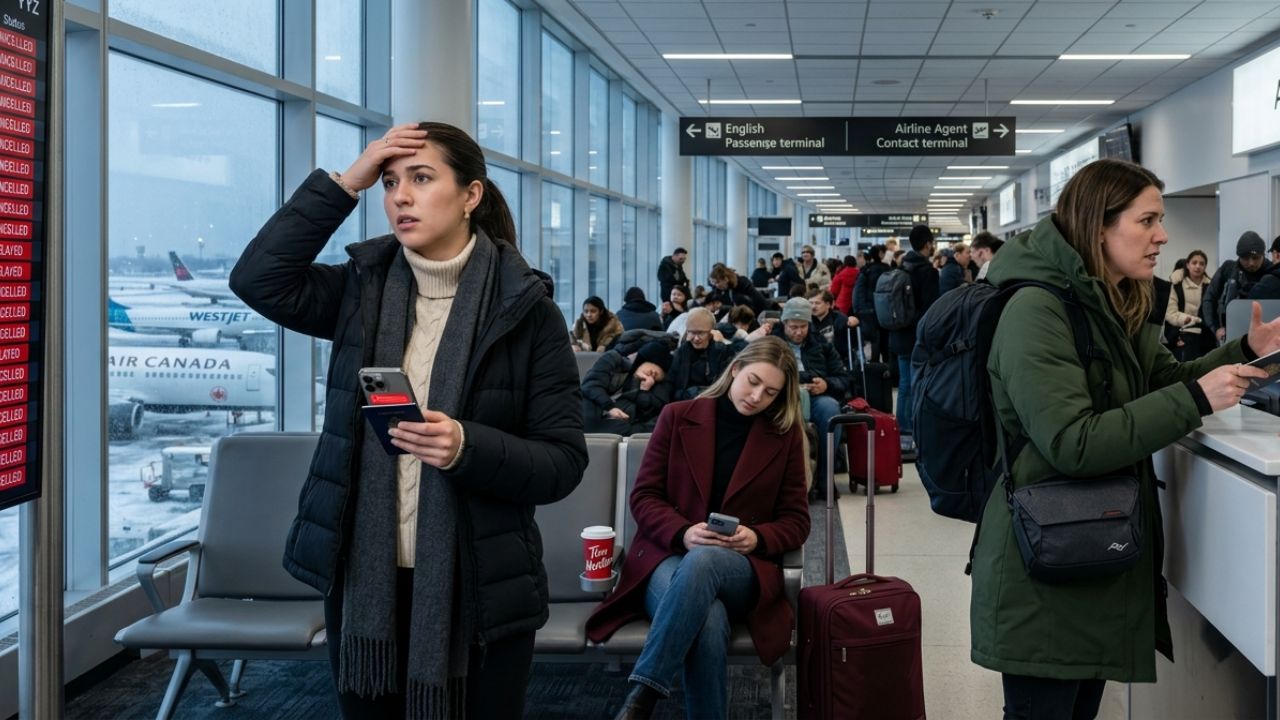 A highly congested Toronto Pearson Airport terminal experiencing severe passenger bottlenecks and massive travel chaos due to widespread flight cancellations