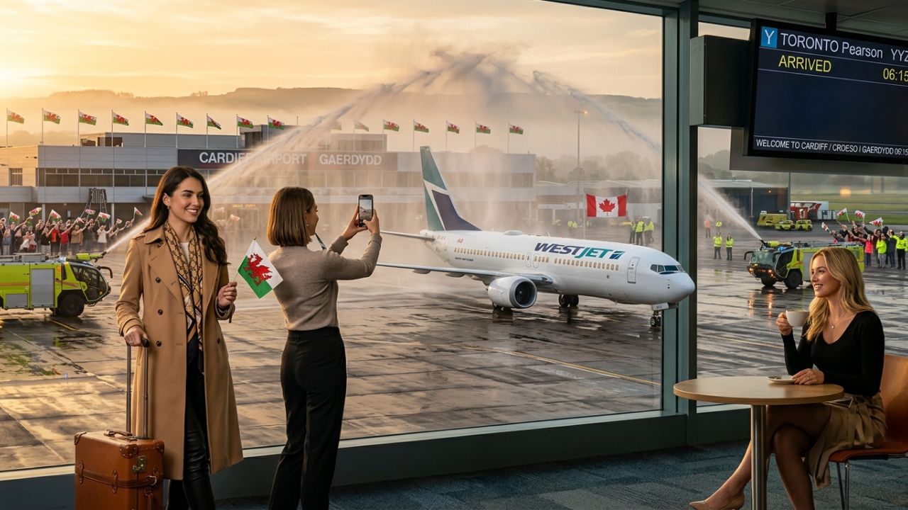 A sleek WestJet Boeing 737 MAX parked at Cardiff Airport under clear South Wales skies