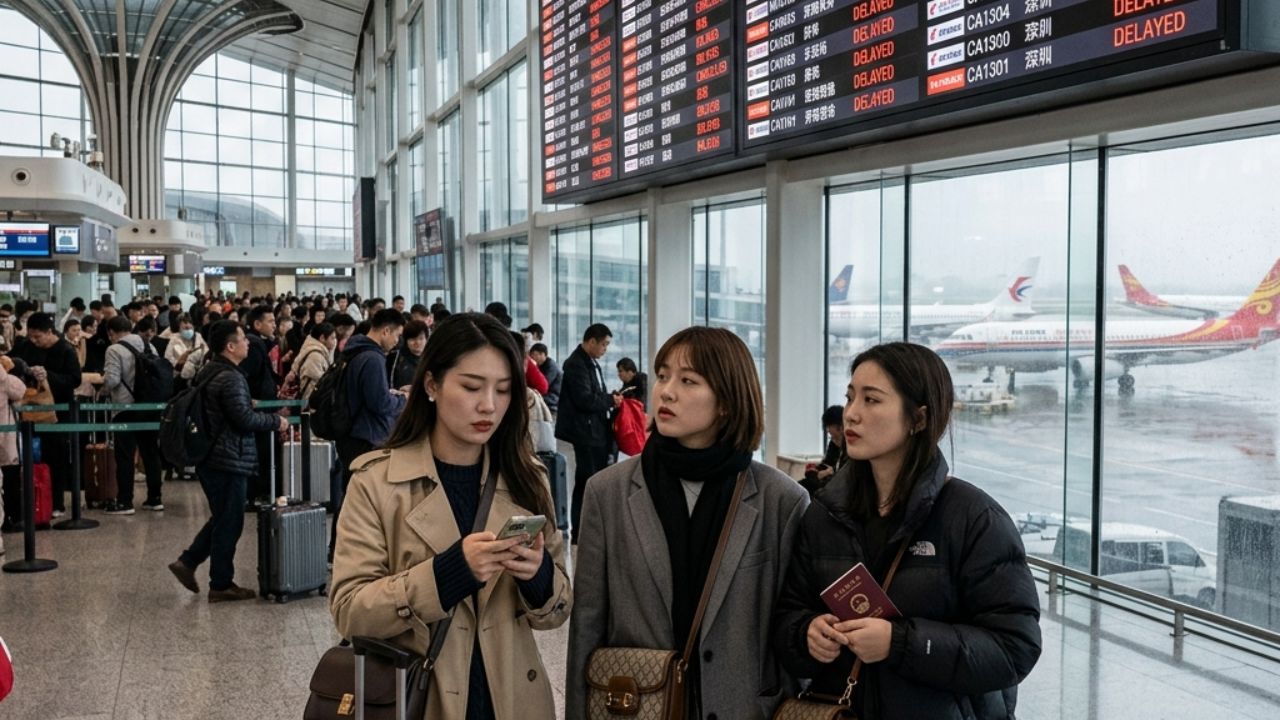 A highly chaotic scene inside a massive Chinese airport terminal showing huge crowds of stranded passengers waiting near departure gates following sudden flight cancellations by China Eastern and Air China