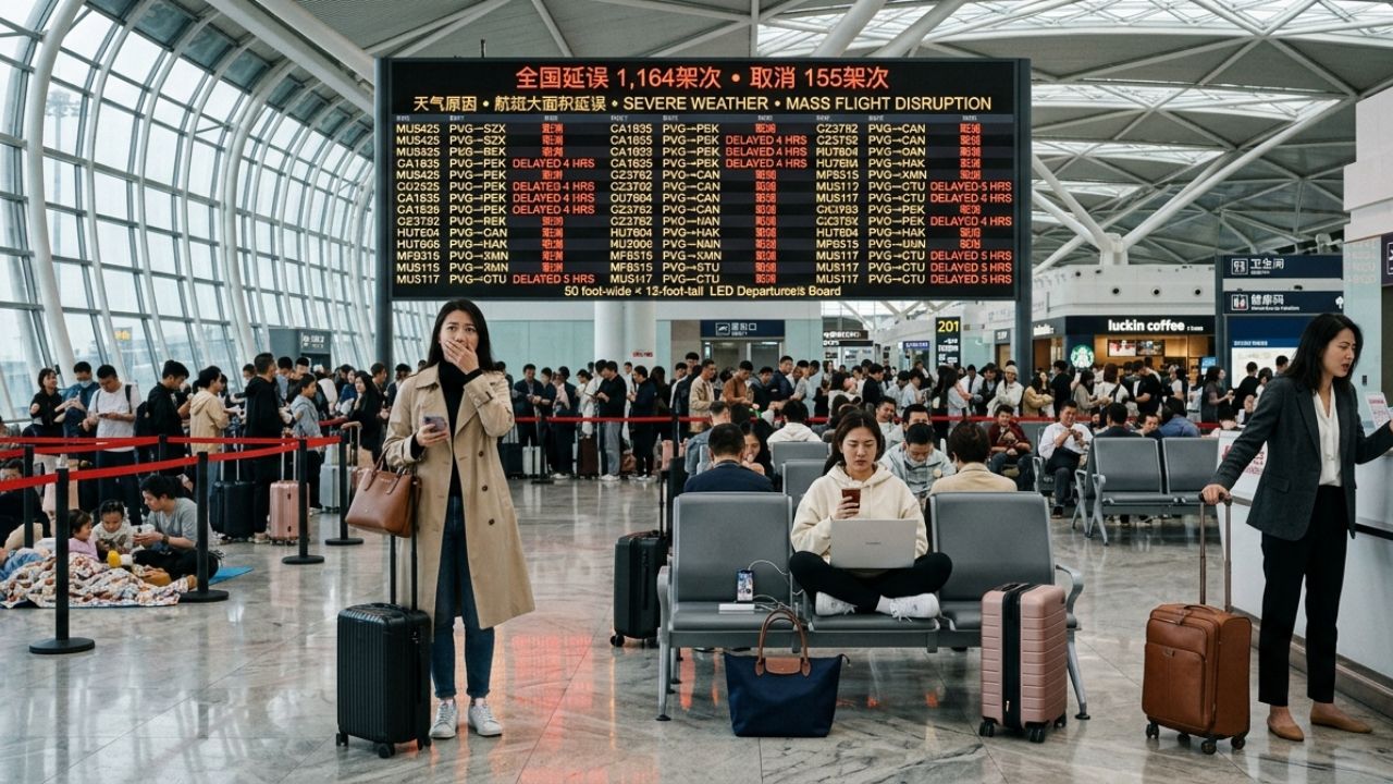 A highly congested Beijing Capital International Airport terminal experiencing severe passenger bottlenecks and massive travel chaos due to widespread flight cancellations