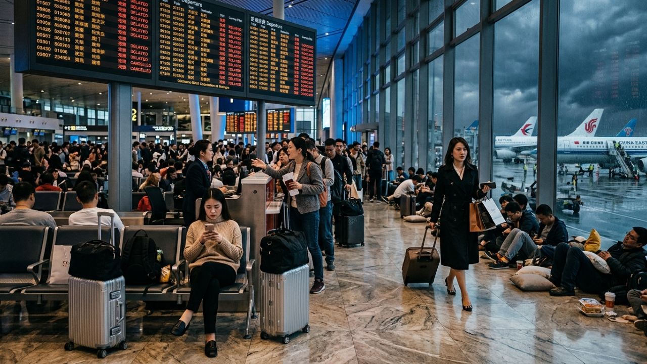 A busy terminal gate inside a modern Chinese international airport with passenger jets parked under clear blue skies