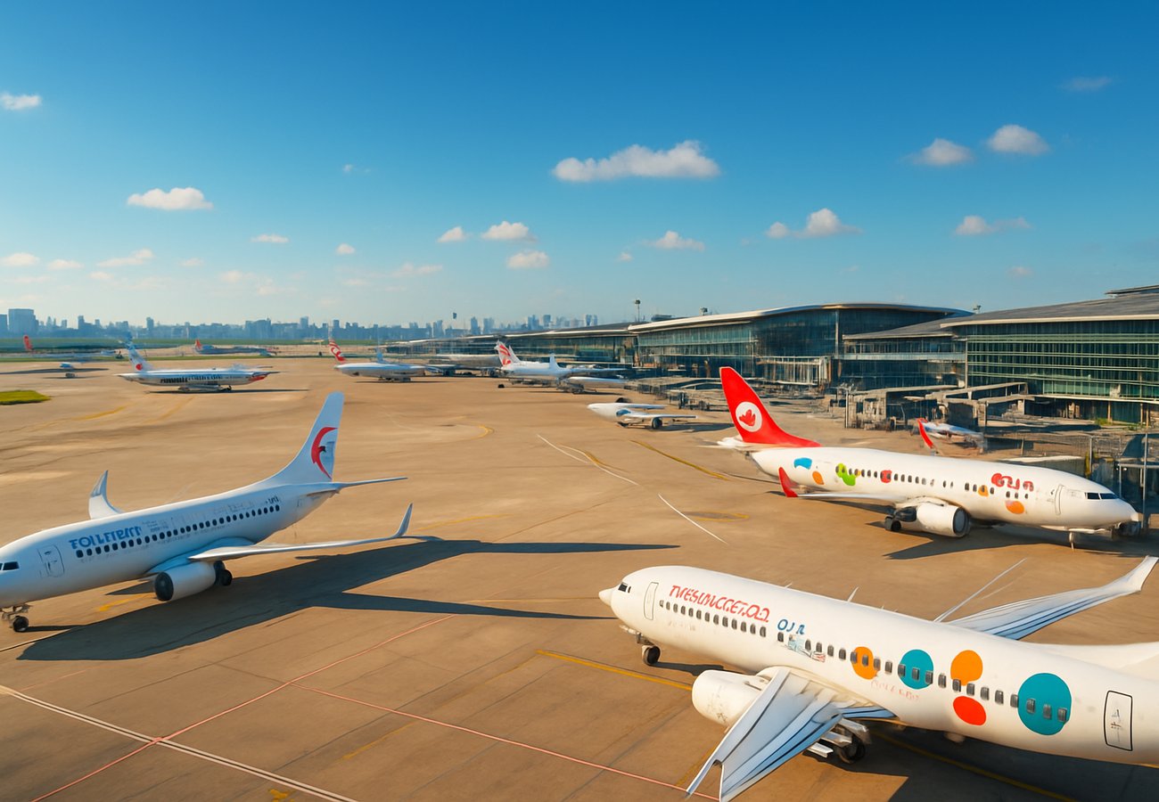 A high-contrast, cinematic shot of the futuristic terminal interior at Shanghai Pudong International Airport (PVG), with thousands of passengers crowded around gate counters and a massive digital status wall in the background displaying a sea of red 'CANCELLED' and yellow 'DELAYED' characters in both Mandarin and English, while a line of China Eastern and Air China widebodies are visible through the glass windows at a standstill