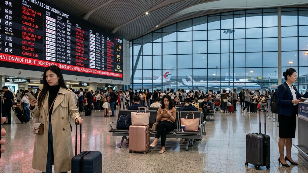 A highly congested Shanghai Pudong Airport terminal experiencing severe passenger bottlenecks and massive travel chaos due to widespread flight cancellations