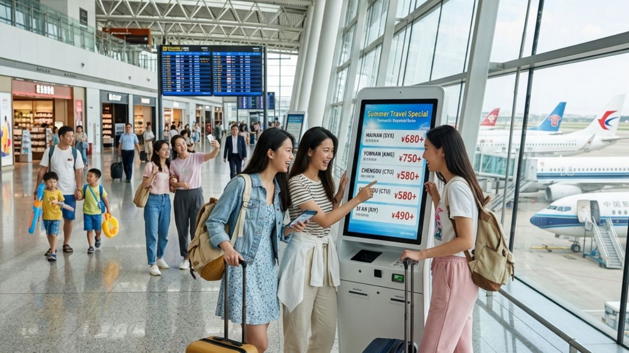 A highly bustling Chinese airport terminal featuring massive crowds of domestic tourists aggressively booking flights as airlines officially slash fuel surcharges ahead of the peak summer travel season