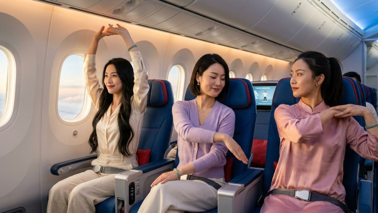 A calm passenger performing guided Qigong exercises in their airline seat, maintaining mental focus while completely bypassing the severe travel disruptions happening below