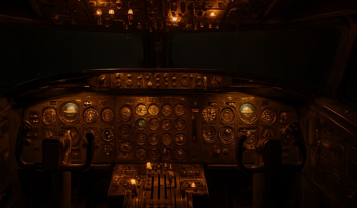 McDonnell Douglas MD-80 aircraft in flight, 2026, showing vintage analog cockpit design