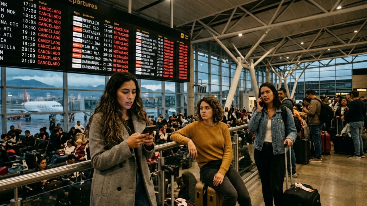 A highly congested airport terminal in Bogota displaying multiple red flight cancellations on the departure board as stranded passengers crowd the Avianca and Delta Air Lines counters