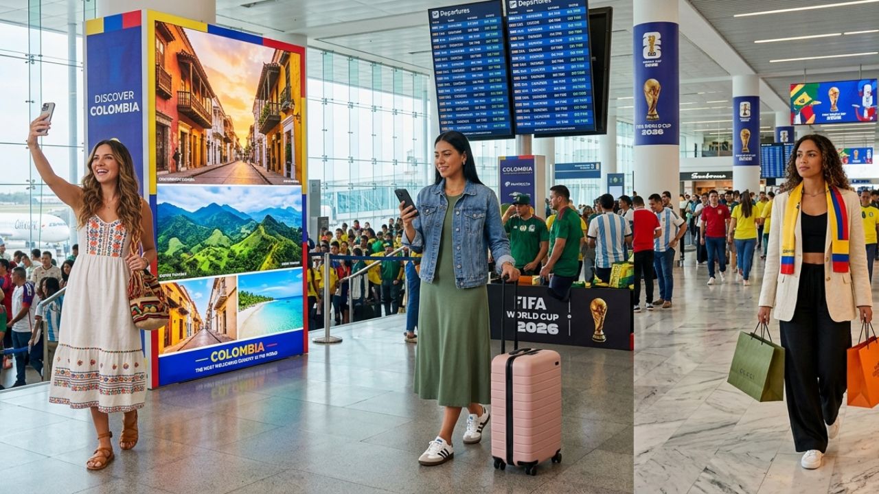 A highly congested Mexican airport terminal featuring vibrant Colombian tourism displays amidst World Cup passenger traffic and massive travel chaos
