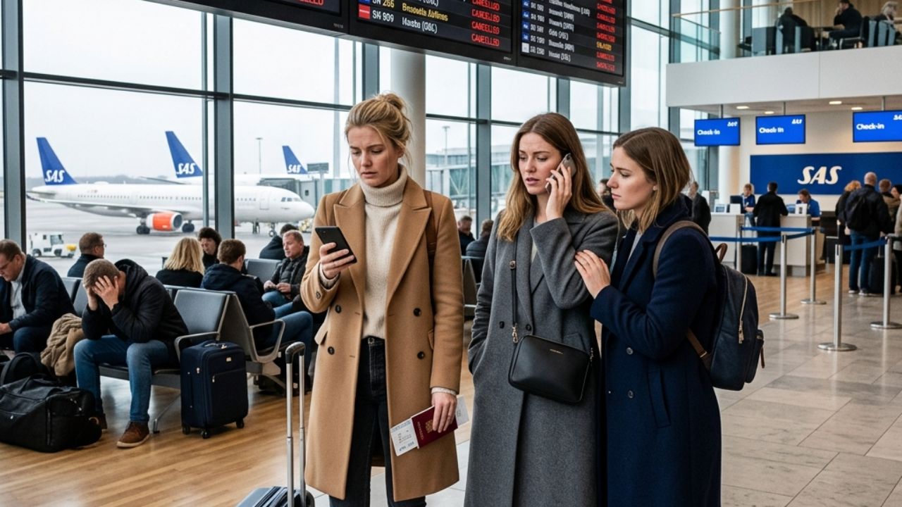 A highly dramatic scene of grounded SAS and Brussels Airlines aircraft at Copenhagen Airport during a massive wave of flight cancellations and terminal gridlock