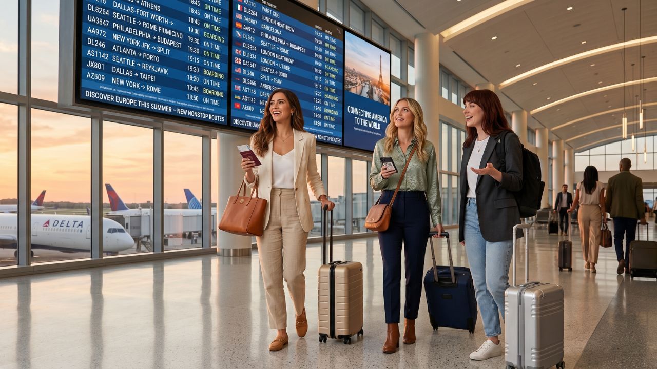 A highly advanced aircraft taking off from a major US airport, physically bypassing severe global travel chaos through direct long-haul connectivity