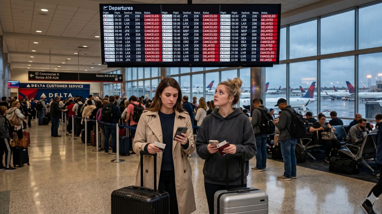 A highly chaotic scene at Atlanta Hartsfield-Jackson Airport showing massive crowds of desperate passengers stranded by severe Delta Air Lines flight cancellations and cascading delays across the US network