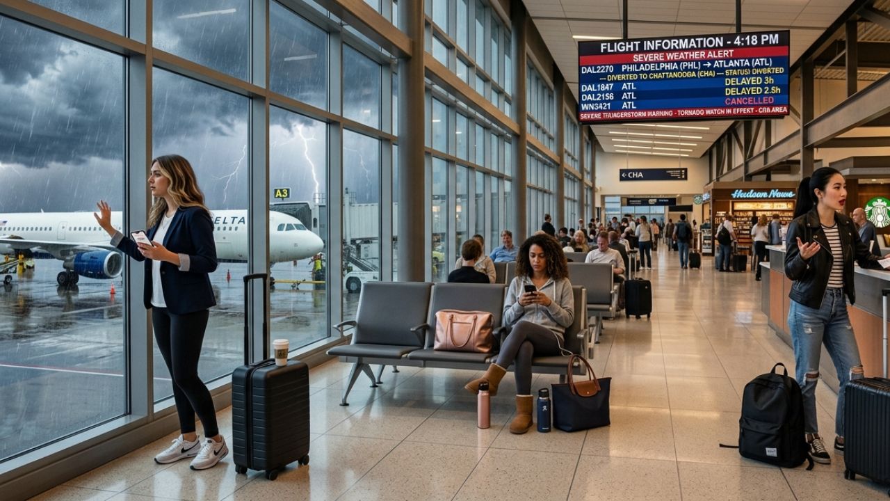 A highly compromised Delta Air Lines Airbus A321 forced into a sudden emergency diversion at Chattanooga Metropolitan Airport amidst severe Southeast travel chaos