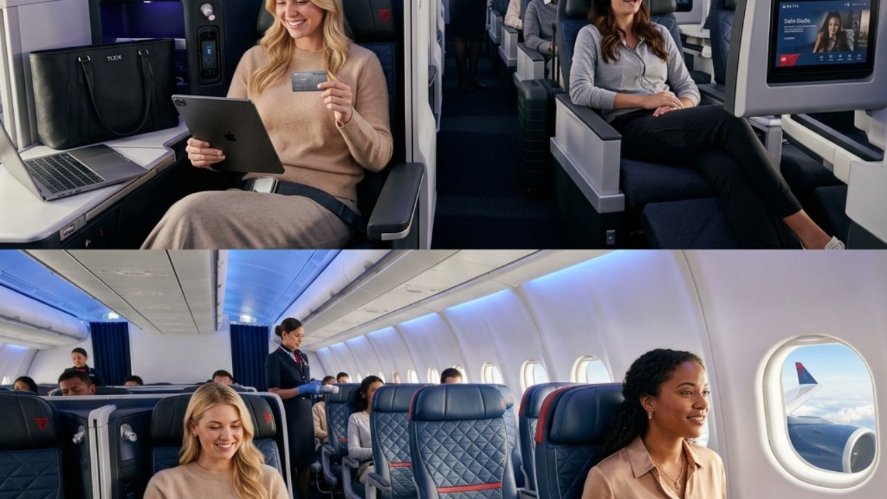 A massive Delta Air Lines Airbus A330-900neo widebody aircraft parked at a domestic terminal in Atlanta, offering premium passengers a highly comfortable escape from severe US travel chaos
