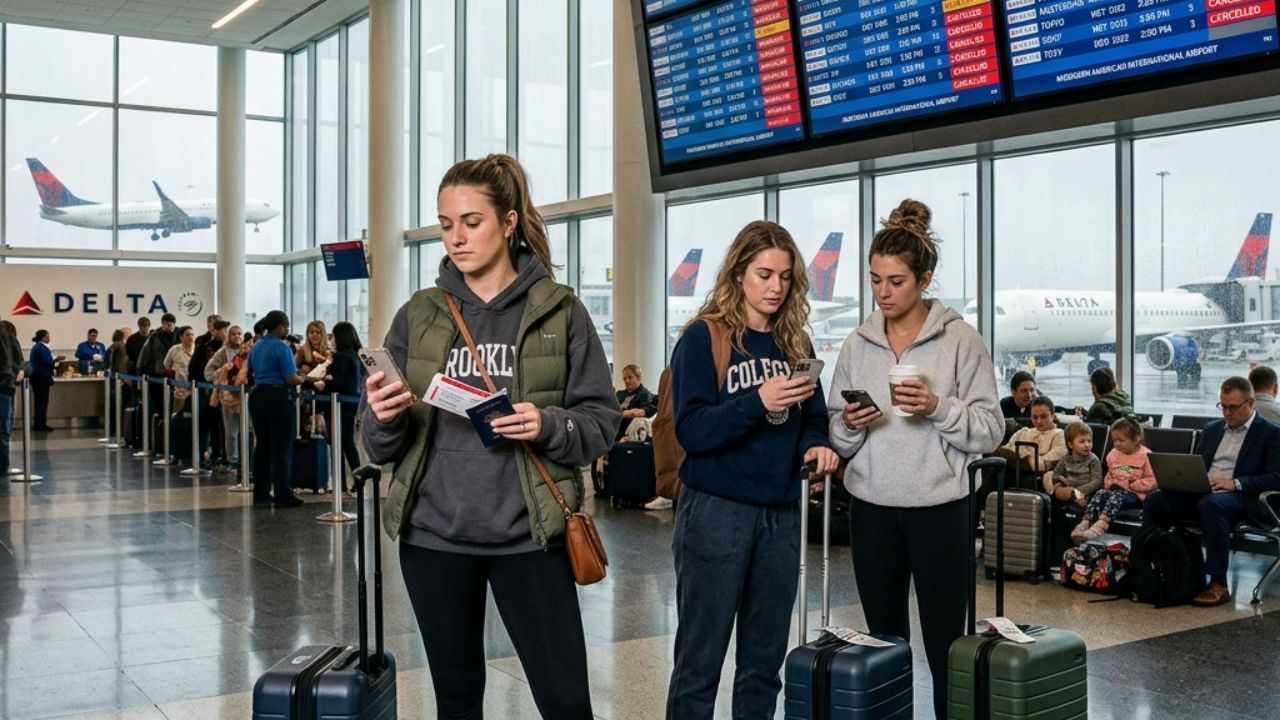 A highly chaotic scene of grounded Delta Airlines aircraft parked at Hartsfield-Jackson Atlanta International Airport during a massive wave of flight cancellations and terminal gridlock