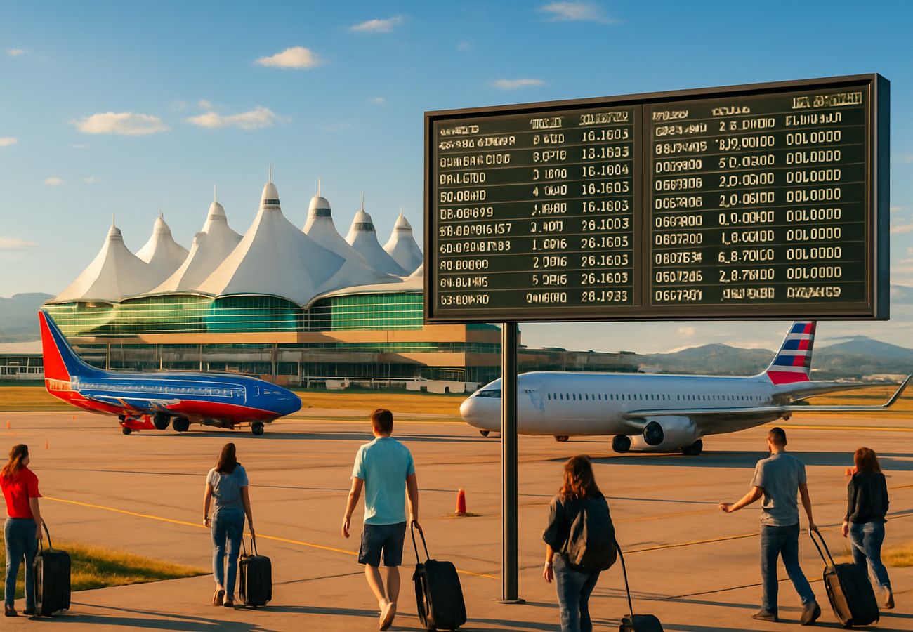 A dramatic, low-angle shot of the iconic white tent-like roof of Denver International Airport (DEN) silhouetted against a bruising Colorado storm sky, with a long queue of Southwest Airlines Boeing 737s visible on the de-icing pad, while a digital airport status monitor in the foreground displays 'Delayed' in bright red text for flights to Durango and Colorado Springs