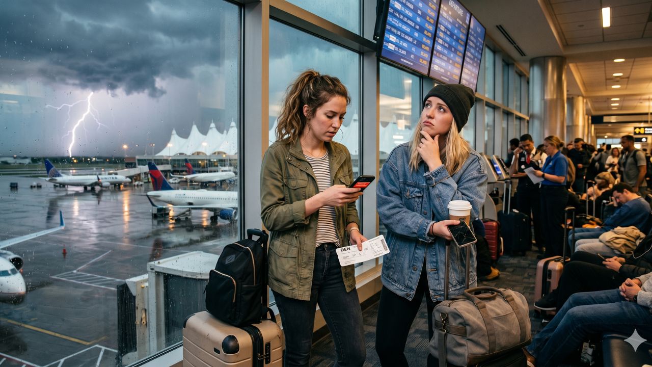 A terrifying view of a massive thunderstorm and lightning strikes halting all commercial aircraft operations on the tarmac at Denver International Airport.
