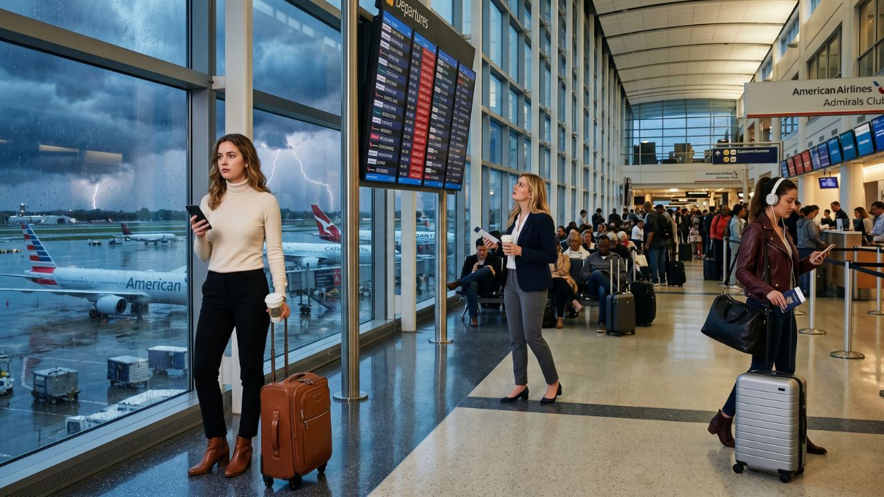 A highly congested terminal at Dallas Fort Worth International Airport filled with stranded travelers viewing a departure board displaying American Airlines flight cancellations and massive delays