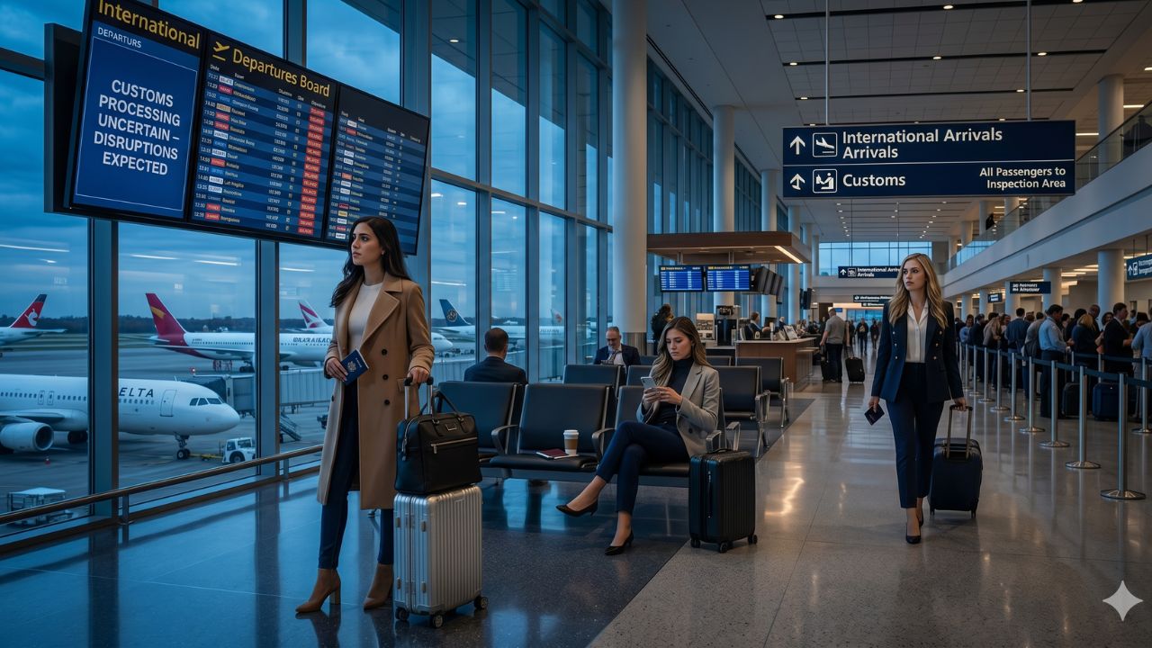 Busy airport terminal check-in area under soft light showing passport control and customs signs