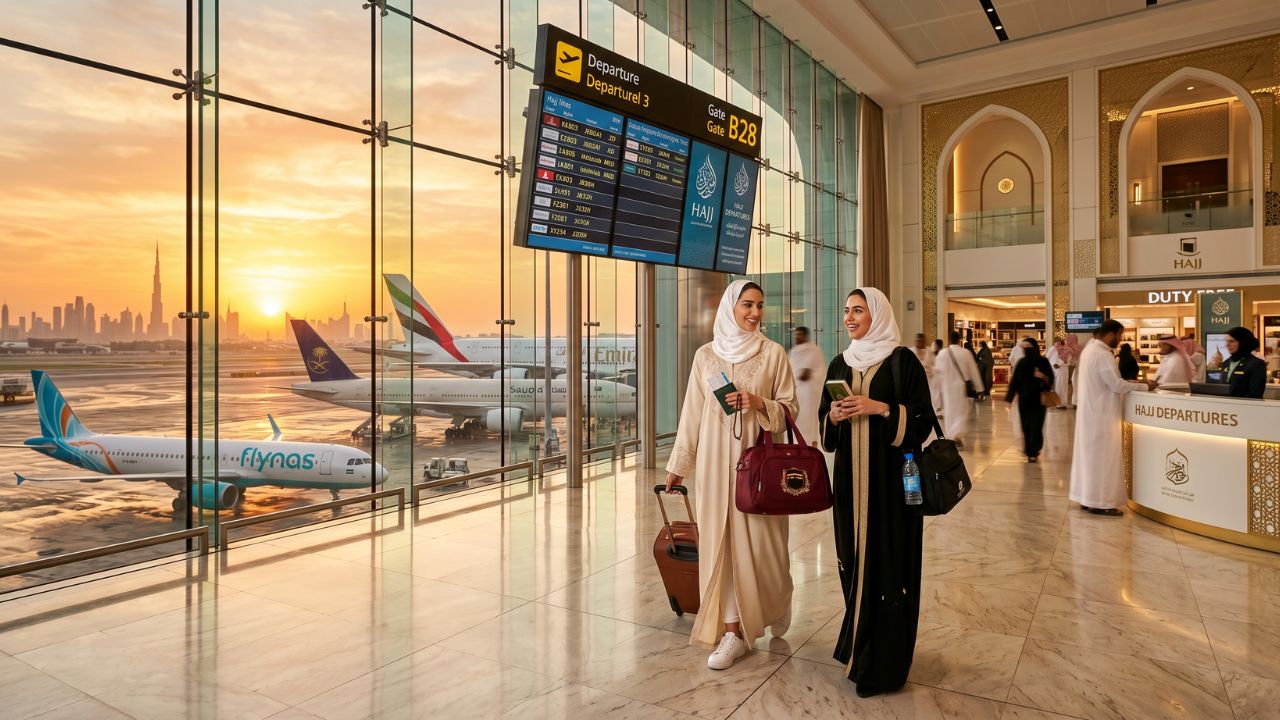 A highly organized and efficient terminal at Dubai International Airport with dedicated Hajj departure gates, designed specifically to prevent travel chaos and flight cancellations