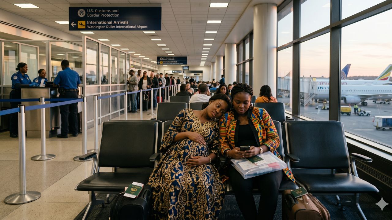 A highly chaotic and tense scene at Washington Dulles International Airport showing federal officers and travelers caught in severe immigration screening delays and travel chaos