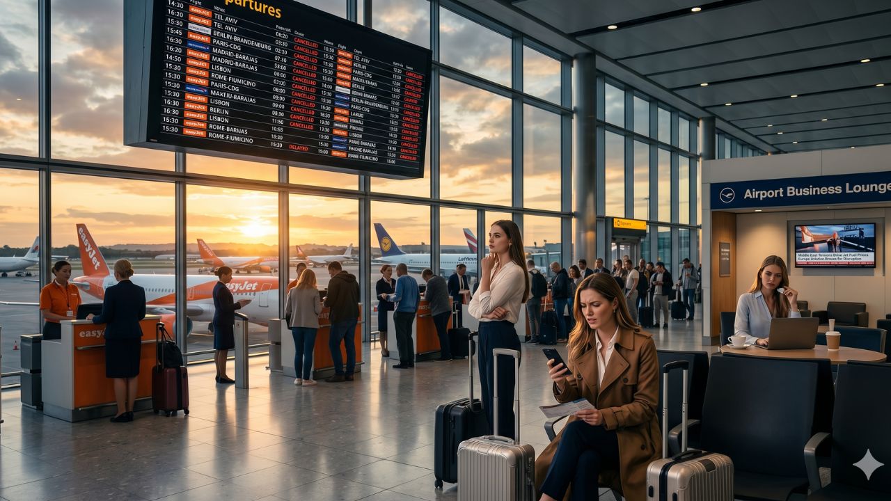 An easyJet passenger jet grounded at a European airport tarmac at sunset, symbolizing the widespread aviation fuel crisis