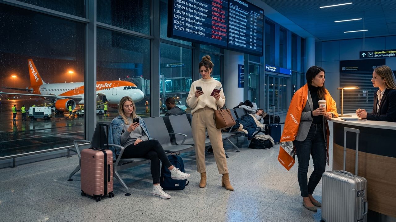 Stranded passengers resting in an airport transit lounge overnight, representing easyJet flight EZY2058 diversion to Milan Malpensa