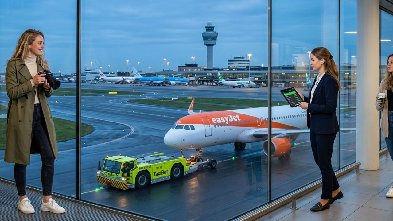 An easyJet Airbus passenger jet being towed by an autonomous electric TaxiBot across the Schiphol Airport tarmac with its main engines completely deactivated