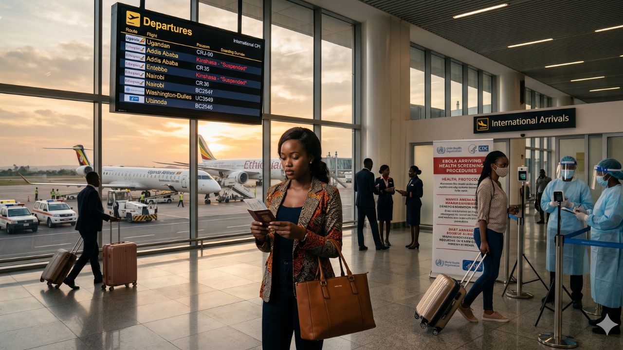Medical professionals in protective gear monitoring health screening lanes at a major international airport terminal