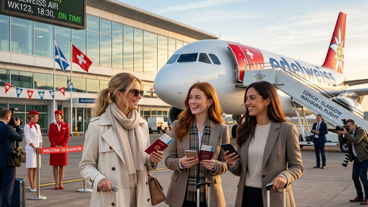 A pristine Edelweiss aircraft taking off from Glasgow Airport, offering Scottish tourists a direct escape to Zürich away from the travel chaos affecting other major European hubs