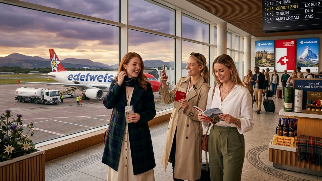 A highly dynamic scene at Zurich Airport showing an Edelweiss Air Airbus A320 preparing for direct departure to Glasgow amidst massive regional travel chaos and terminal disruptions at secondary transit hubs