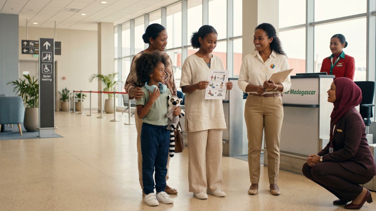 A highly organized Emirates travel rehearsal at Ivato International Airport, physically shielding neurodivergent families from severe global travel chaos through specialized training