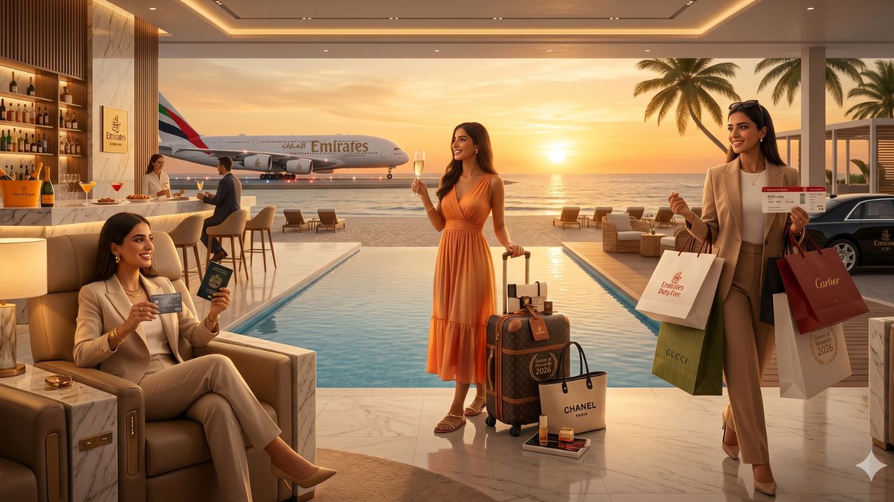 Luxury airliner interior with premium seating and a VIP champagne glass on a side table