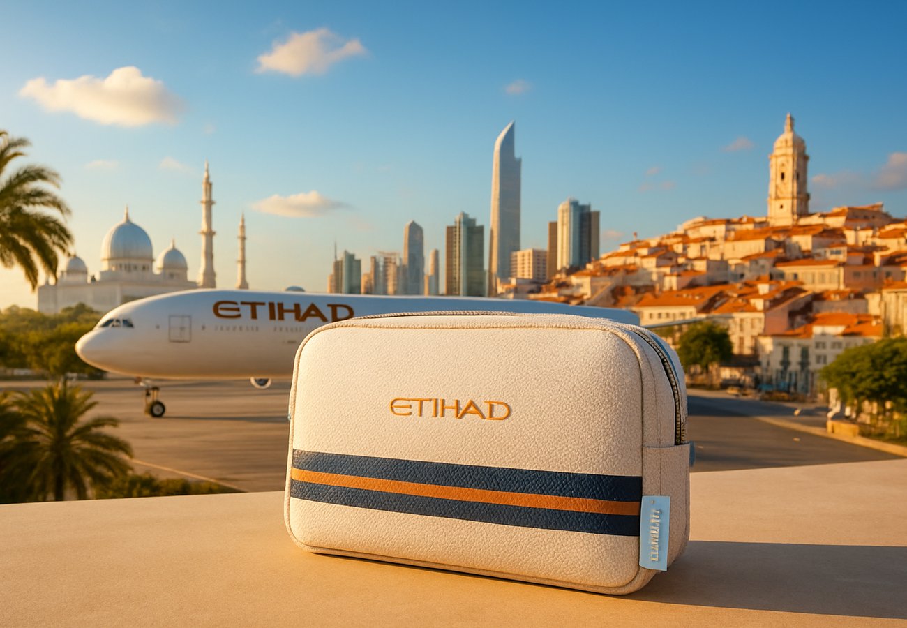 A sophisticated, close-up shot of the new Etihad Airways Business Class 'Destination Collection' amenity kit (Abu Dhabi Edition #1) resting on a polished tray table, with its embossed leather finish and geographic coordinates clearly visible, while a set of premium LANEIGE skincare products like the Water Sleeping Mask and Lip Mask are elegantly arranged alongside it in the soft ambient lighting of the Business Class cabin