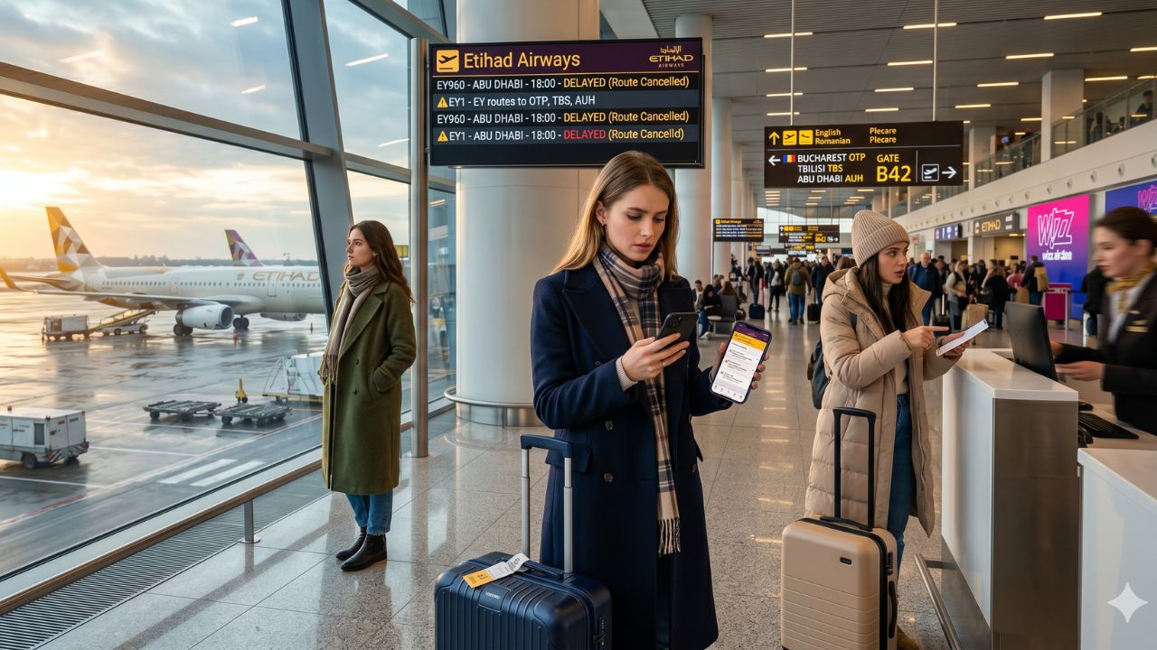 A highly chaotic scene at an international airport showing massive crowds of desperate passengers stranded by severe flight cancellations as Etihad Airways overhauls its Eastern European network