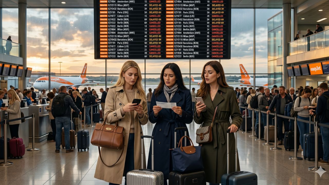 A highly chaotic scene at London Gatwick Airport showing massive crowds of desperate passengers stranded by severe easyJet flight cancellations and cascading delays across the European network