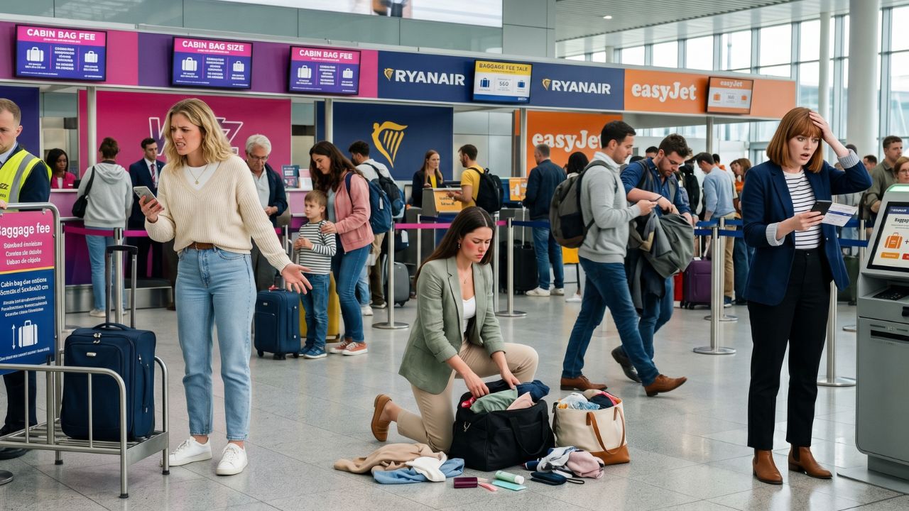 A highly congested European airport terminal experiencing severe passenger frustration and massive travel chaos over aggressive airline baggage fees