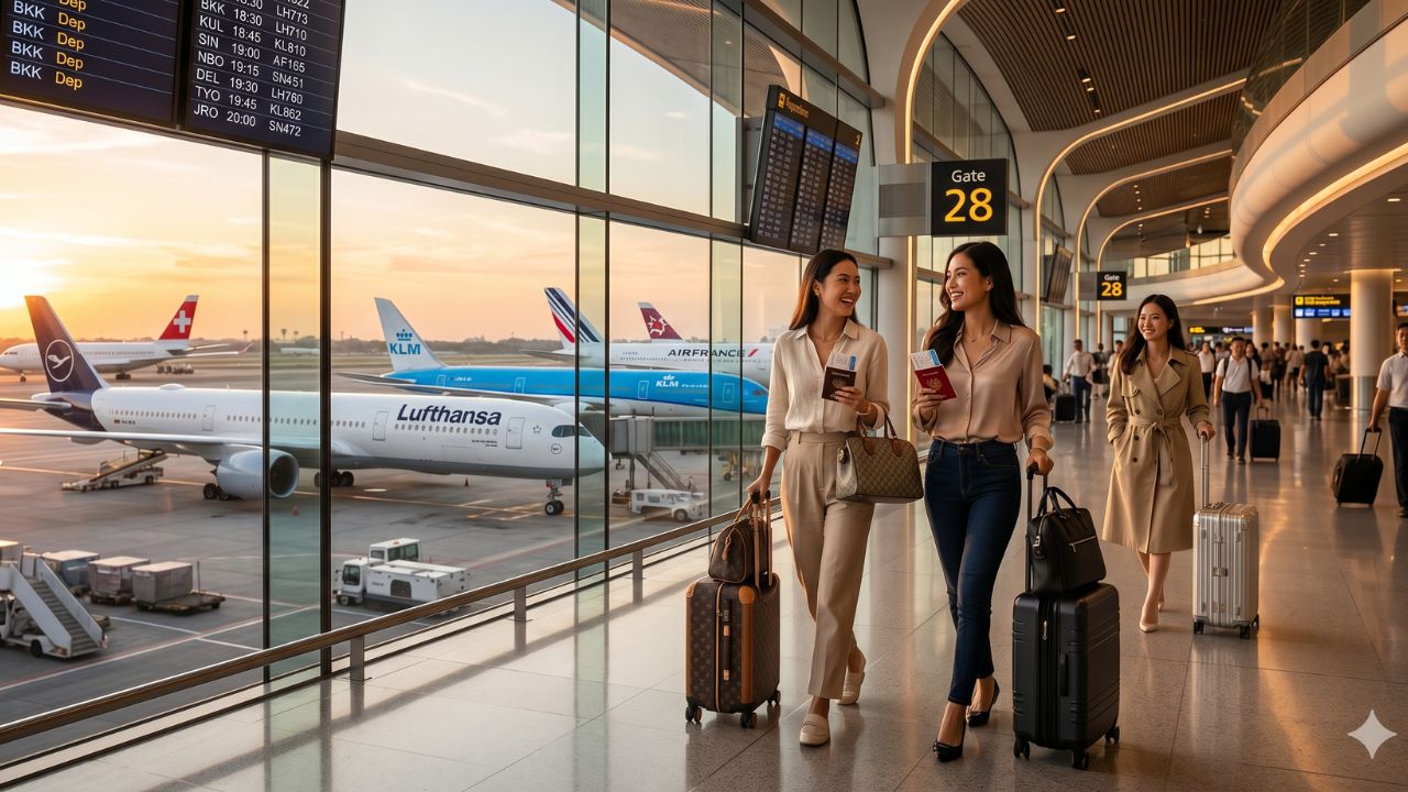 A fleet of massive European wide-body jets representing Lufthansa, Air France, and KLM parked at a major hub, preparing for highly anticipated long-haul departures to Asia and Africa.