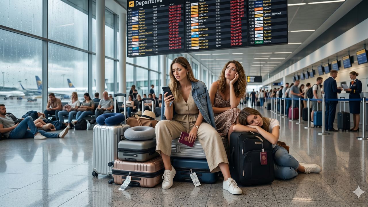 A chaotic, heavily overcrowded terminal at Amsterdam Schiphol Airport, with hundreds of furious passengers staring at massive red 'Delayed' and 'Canceled' flight status screens.