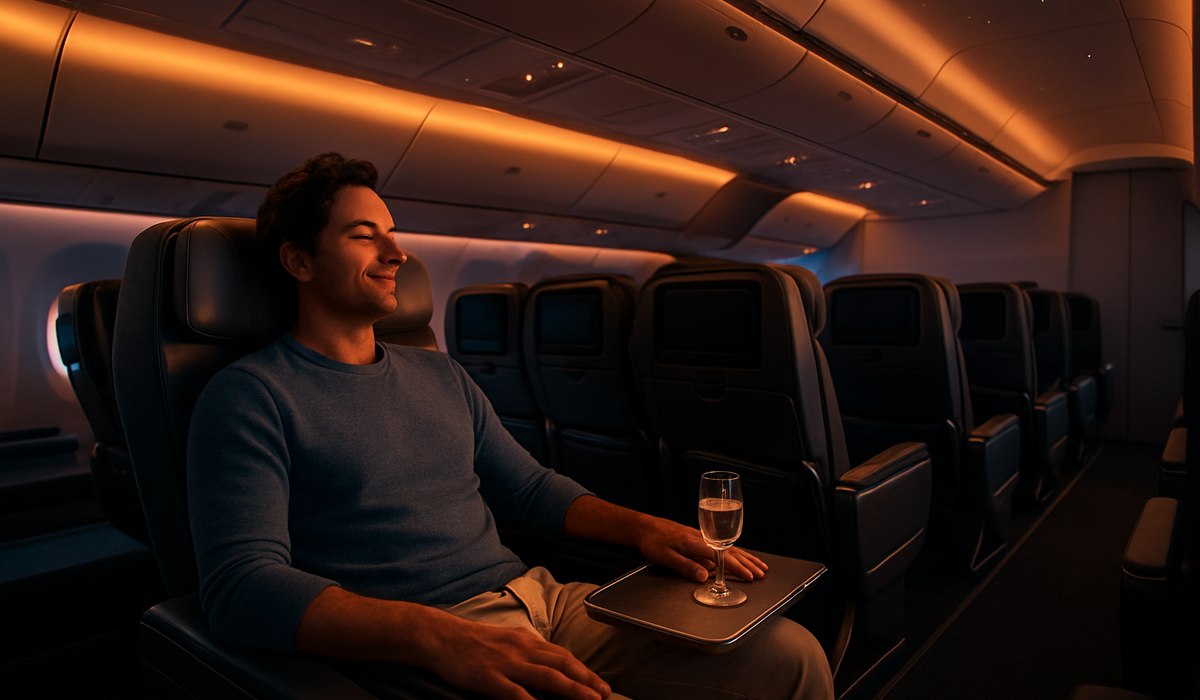 EVA Air Boeing 777 premium economy cabin with modern seating, 2026